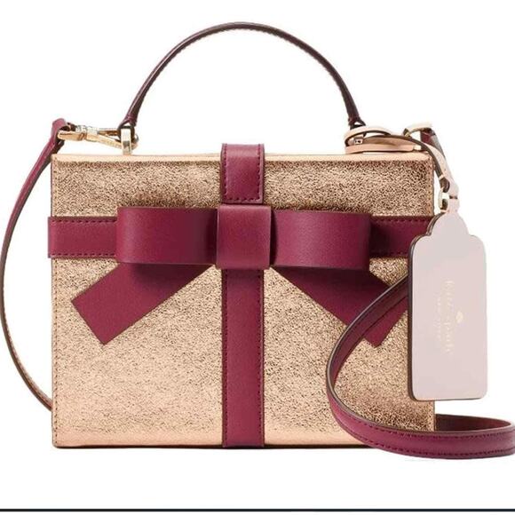 Kate Spade Wrapping Party Ribbon Gift Box Rose Gold Wine Bow Crossbody Purse - Picture 1 of 15